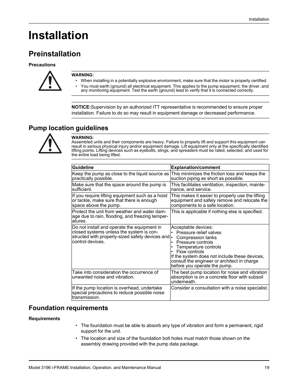 Installation, Preinstallation, Pump location guidelines | Foundation requirements, Pump location guidelines foundation requirements | Goulds Pumps 3196 i-FRAME - IOM User Manual | Page 21 / 152