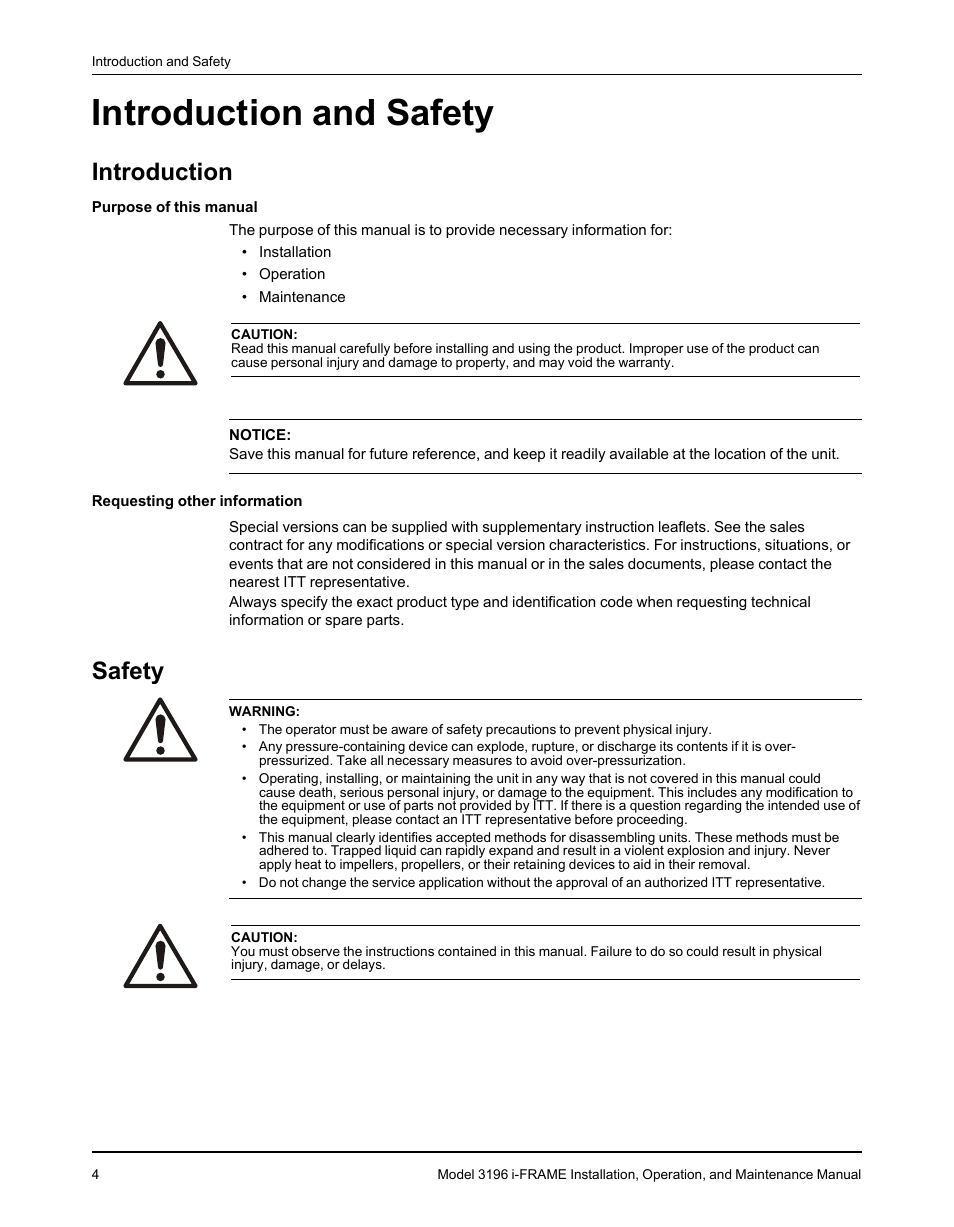 Introduction and safety, Introduction, Safety | Introduction safety | Goulds Pumps 3196 i-FRAME - IOM User Manual | Page 6 / 152