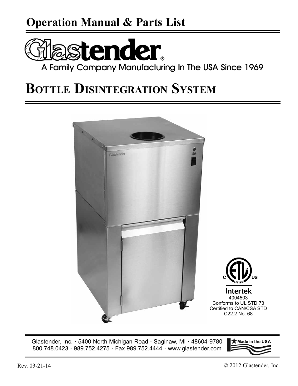 Glastender Bottle Disintegration System User Manual | 13 pages