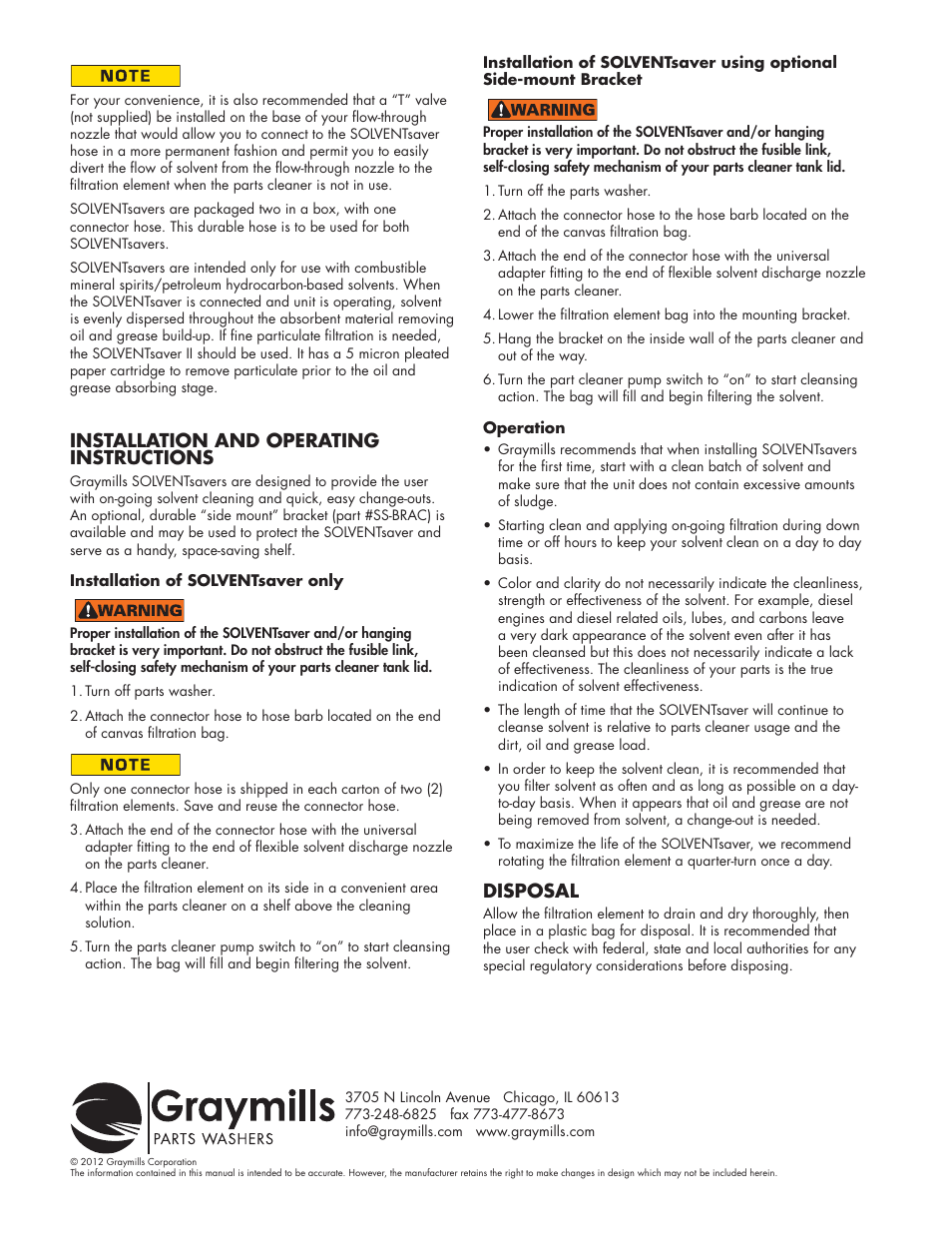 Installation and operating instructions, Disposal | Graymills Solvent Saver User Manual | Page 2 / 2