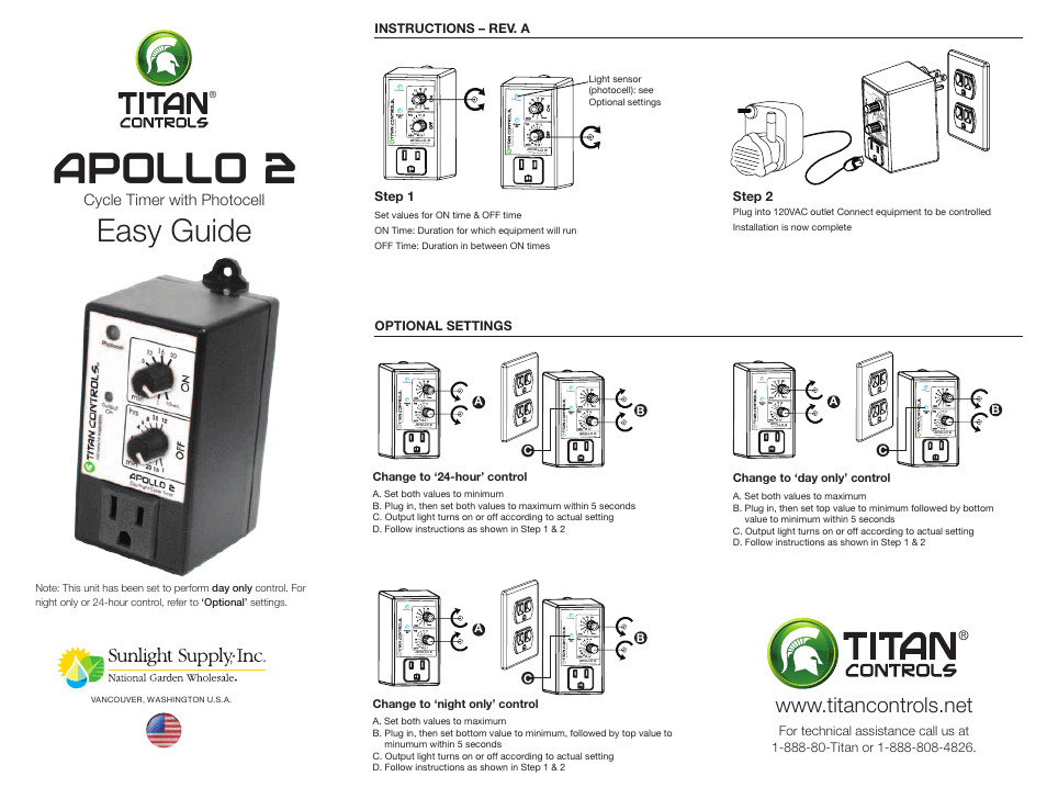 Sunlight Supply Titan Controls® Apollo® 2 - Cycle Timer with Photocell User Manual | 2 pages