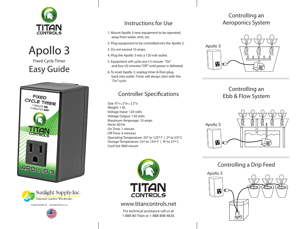 Sunlight Supply Titan Controls® Apollo® 3 - Fixed Cycle Timer User Manual | 2 pages