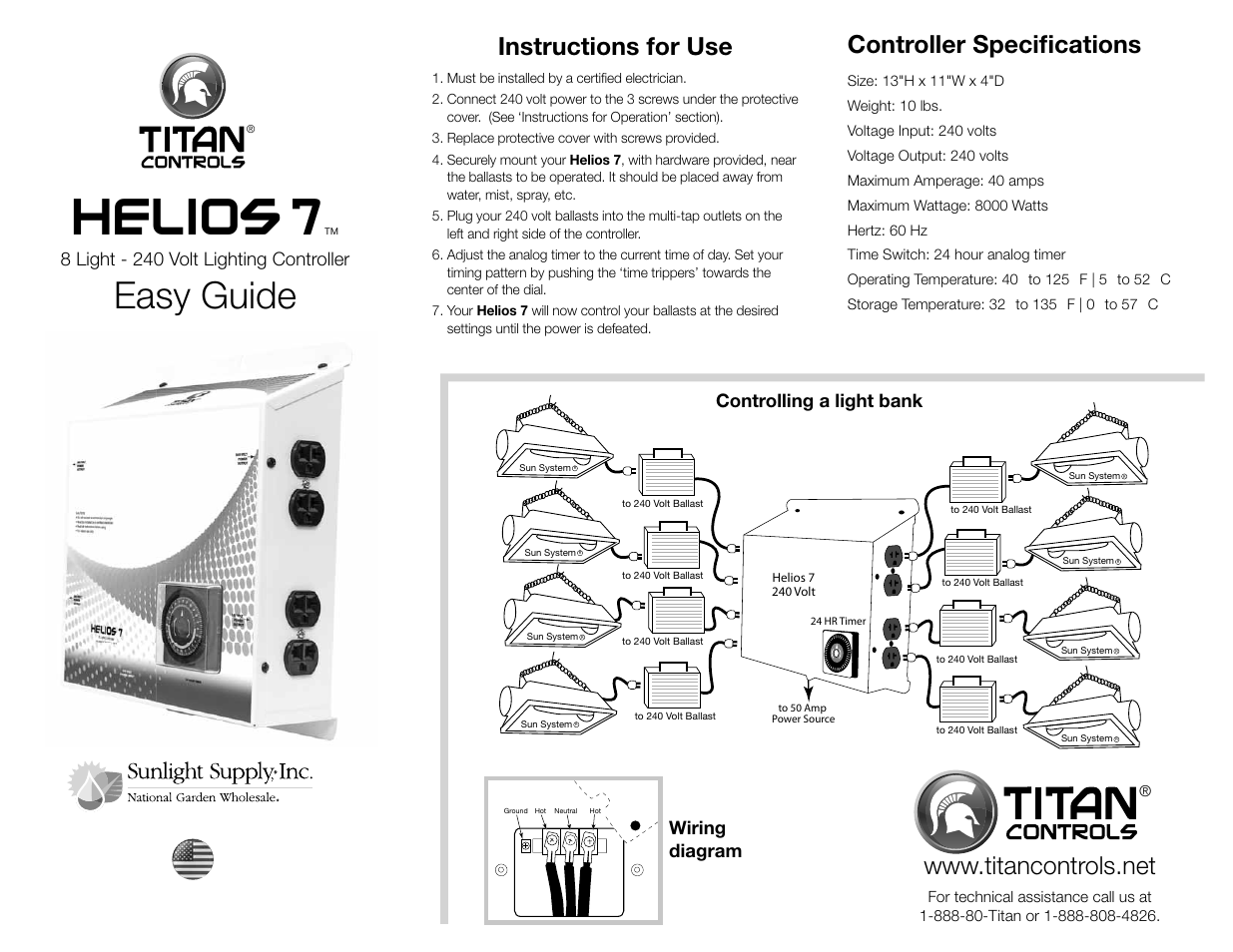 Sunlight Supply Titan Controls® Helios® 7 - 8 Light 240V Controller with Timer User Manual | 2 pages