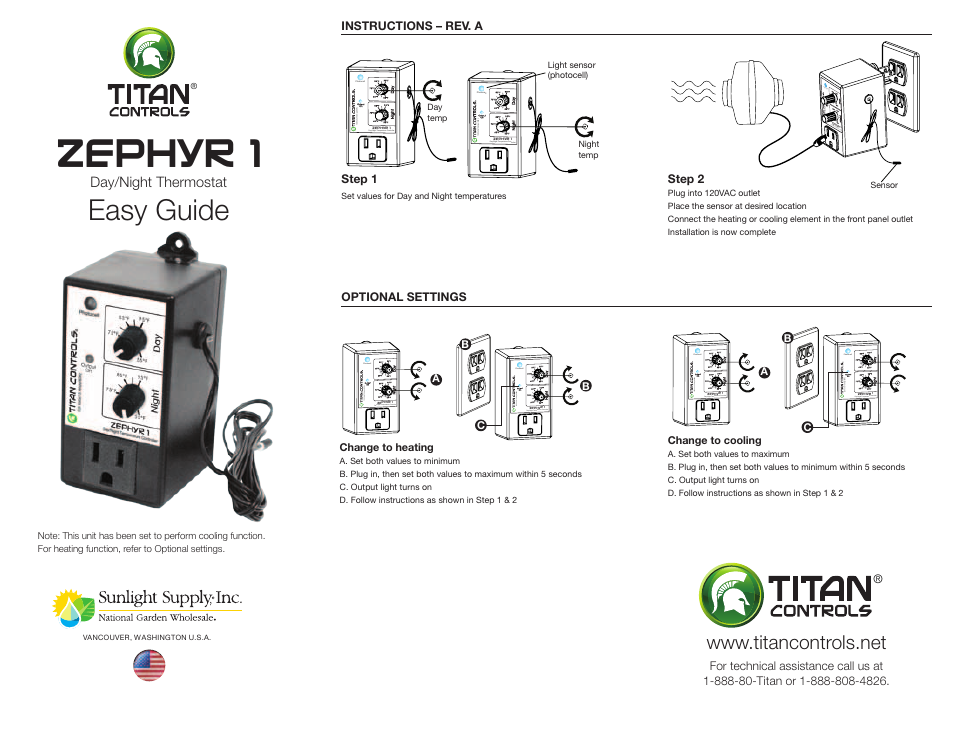 Sunlight Supply Titan Controls® Zephyr™ 1 - Day/Night Temperature Controller User Manual | 2 pages