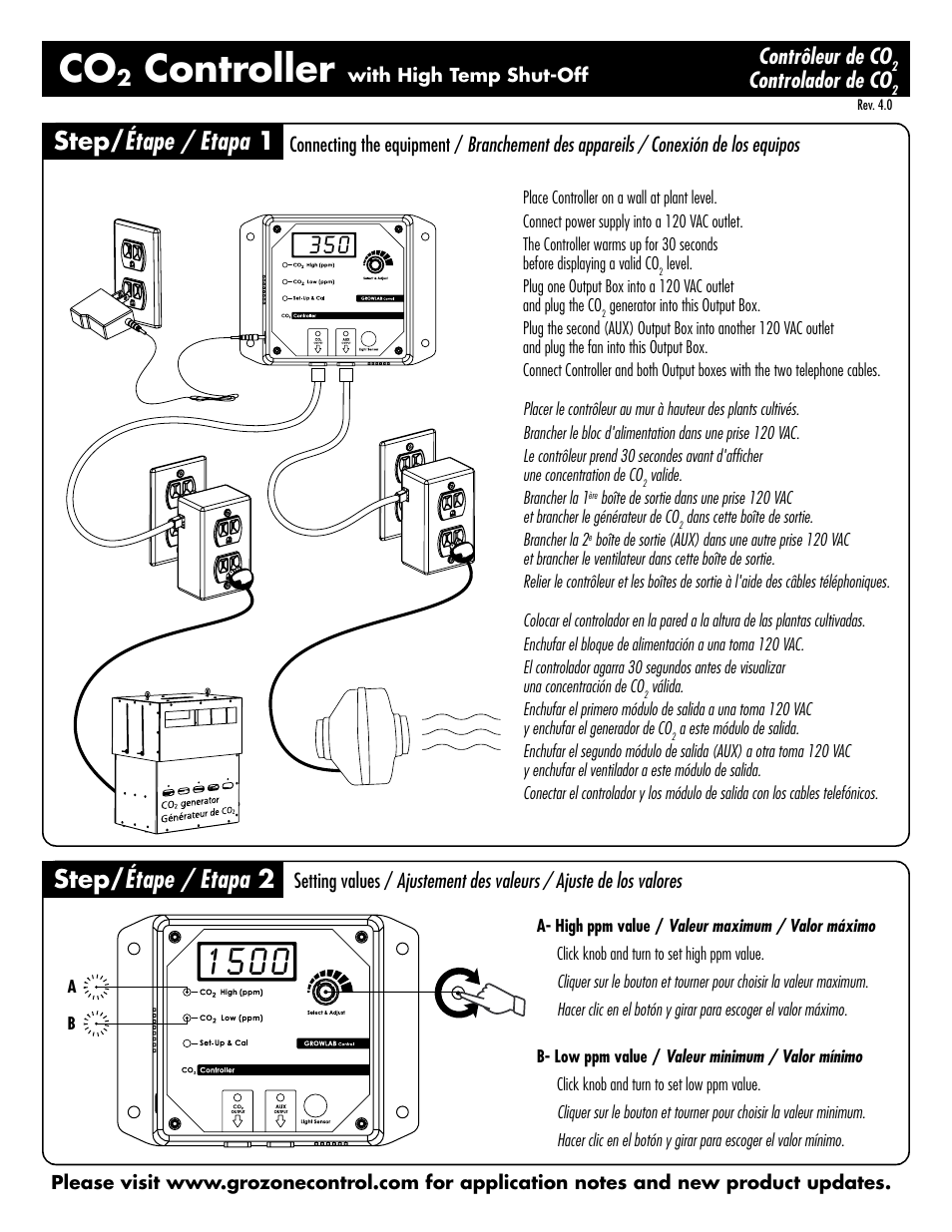 Sunlight Supply Grozone Control CO2R 0-5000 PPM CO2 Controller with AUX Output and High Temp User Manual | 5 pages