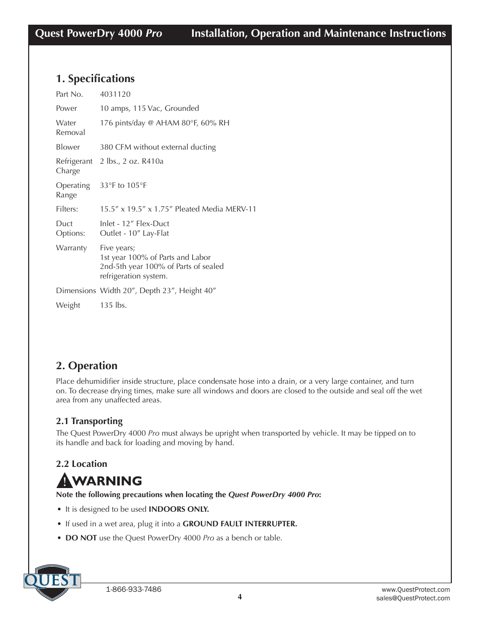 Quest, Specifications, Operation | Sunlight Supply Quest PowerDry 4000 Pro Dehumidifier User Manual | Page 4 / 14