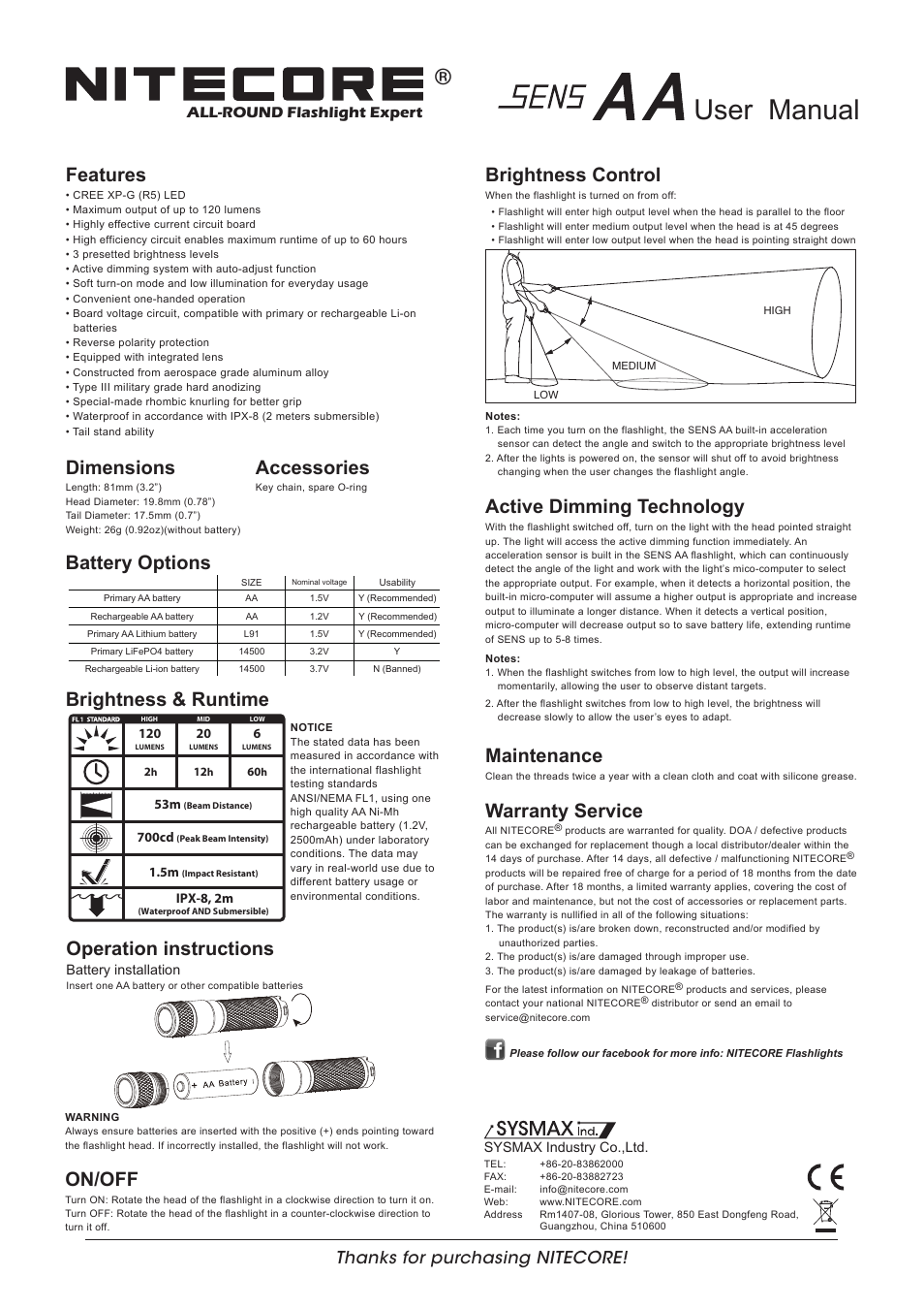 NITECORE Sens AA User Manual | 1 page