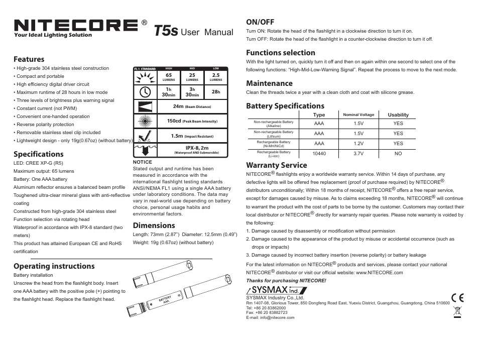 NITECORE T5s User Manual | 1 page
