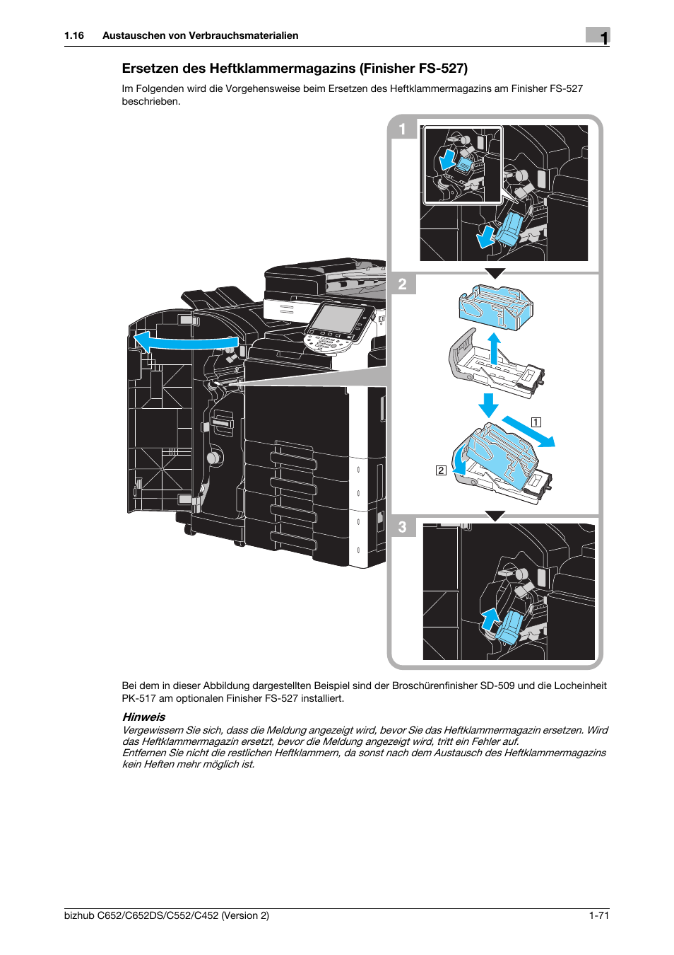 Ersetzen des heftklammermagazins (finisher fs-527), F seite 1-71 | Konica Minolta BIZHUB C652DS User Manual | Page 95 / 338