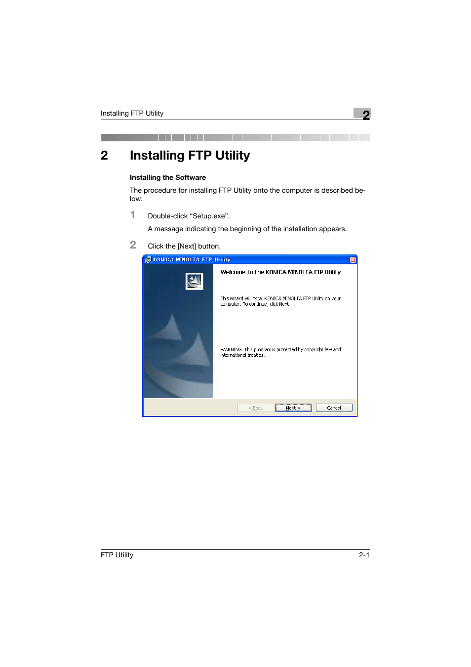 2 installing ftp utility, Installing the software, 2installing ftp utility | Konica Minolta bizhub PRO C500 User Manual | Page 4 / 12