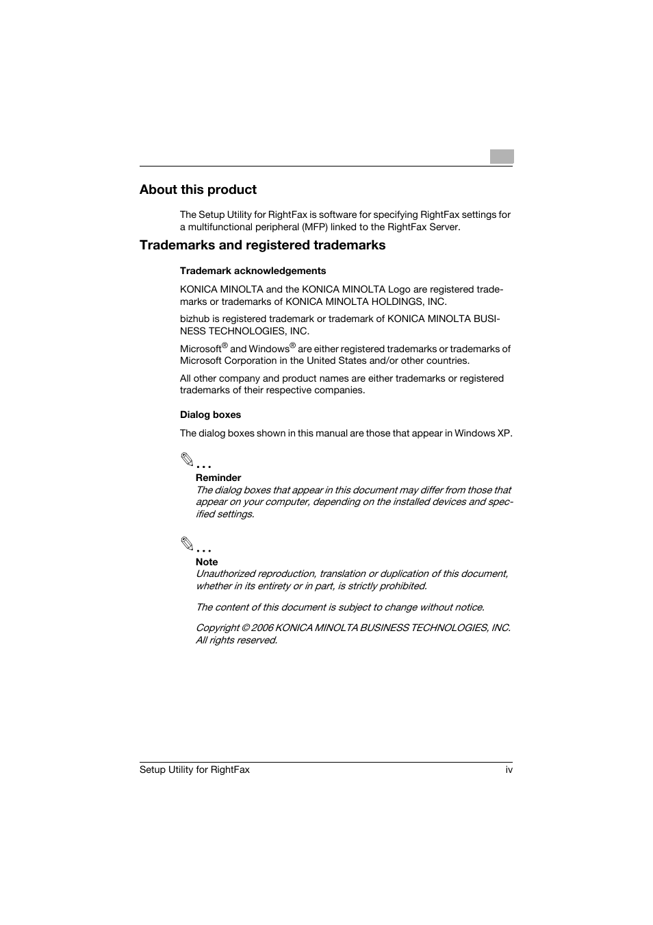 About this product, Trademarks and registered trademarks, Trademark acknowledgements | Dialog boxes | Konica Minolta bizhub 751 User Manual | Page 5 / 65