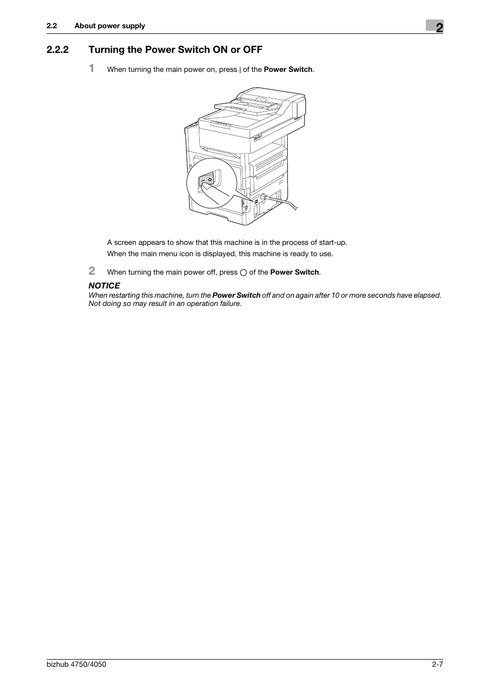 2 turning the power switch on or off, Turning the power switch on or off -7 | Konica Minolta bizhub 4050 User Manual | Page 17 / 70