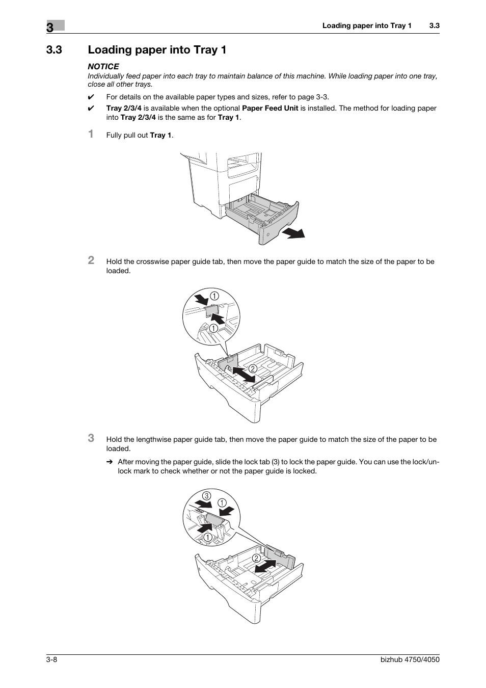 3 loading paper into tray 1, Loading paper into tray 1 -8 | Konica Minolta bizhub 4050 User Manual | Page 34 / 70