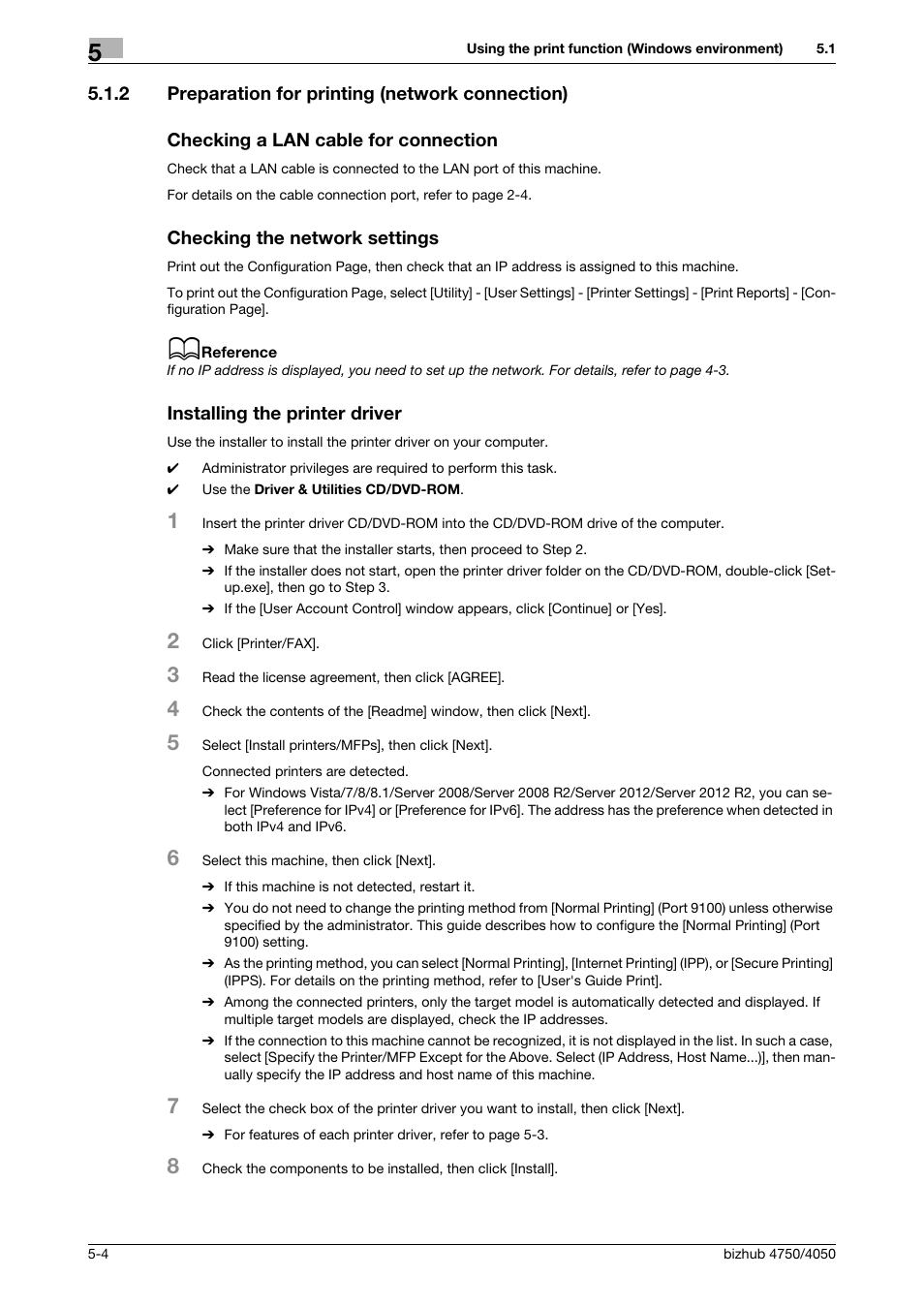 2 preparation for printing (network connection), Checking a lan cable for connection, Checking the network settings | Installing the printer driver | Konica Minolta bizhub 4050 User Manual | Page 46 / 70
