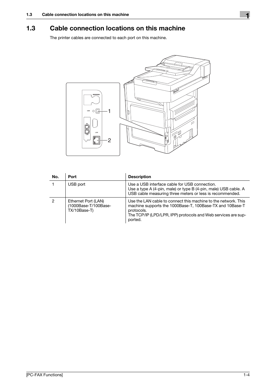 3 cable connection locations on this machine, Cable connection locations on this machine -4 | Konica Minolta bizhub 4050 User Manual | Page 7 / 61