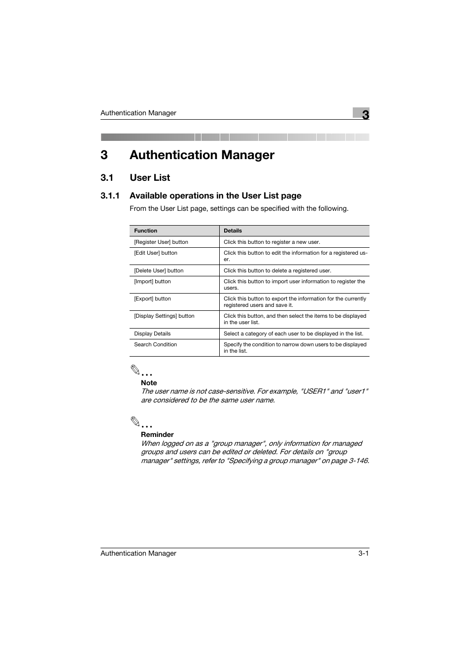 3 authentication manager, 1 user list, Authentication manager | User list -1, 3authentication manager | Konica Minolta bizhub C284e User Manual | Page 18 / 189
