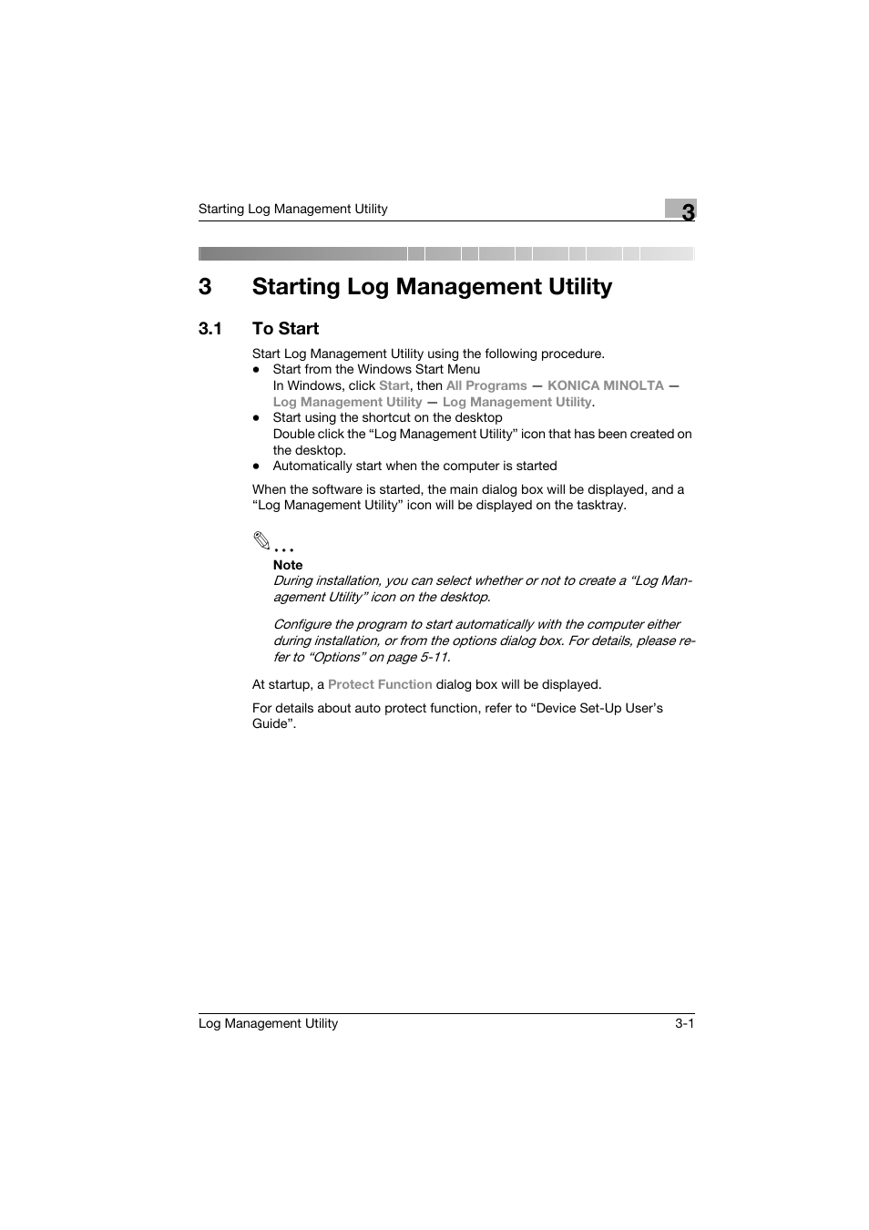 3 starting log management utility, 1 to start, Starting log management utility | To start -1, 3starting log management utility | Konica Minolta magicolor 8650 User Manual | Page 15 / 56