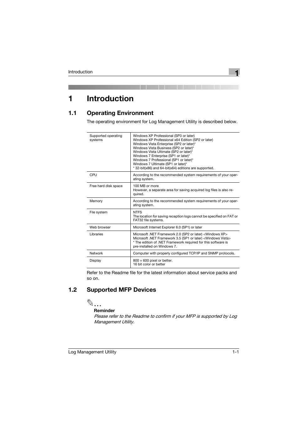 1 introduction, 1 operating environment, 2 supported mfp devices | Introduction, Operating environment -1, Supported mfp devices -1, 1introduction | Konica Minolta magicolor 8650 User Manual | Page 8 / 56