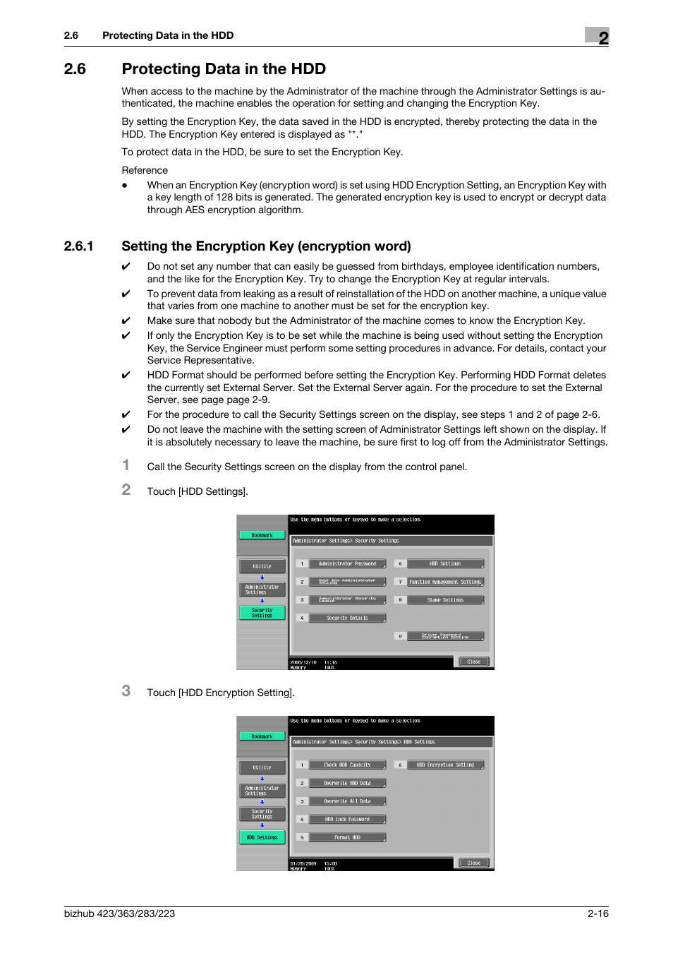 6 protecting data in the hdd, 1 setting the encryption key (encryption word), Protecting data in the hdd -16 | Setting the encryption key (encryption word) -16 | Konica Minolta BIZHUB 223 User Manual | Page 28 / 55
