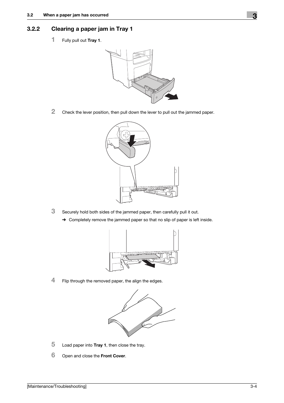 2 clearing a paper jam in tray 1, Clearing a paper jam in tray 1 -4 | Konica Minolta bizhub 4050 User Manual | Page 21 / 56