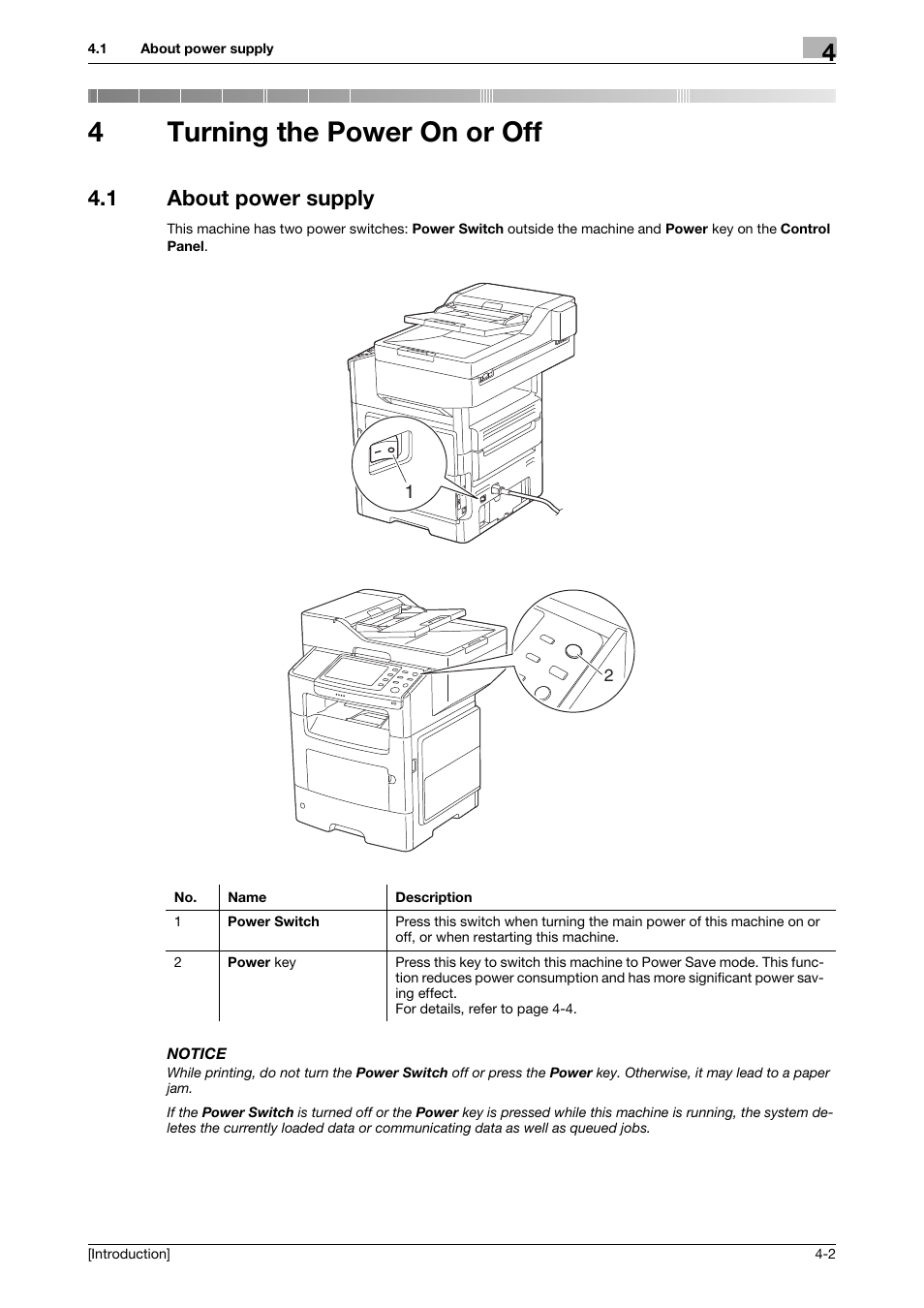 4 turning the power on or off, 1 about power supply, Turning the power on or off | About power supply -2, 4turning the power on or off | Konica Minolta bizhub 4050 User Manual | Page 27 / 86