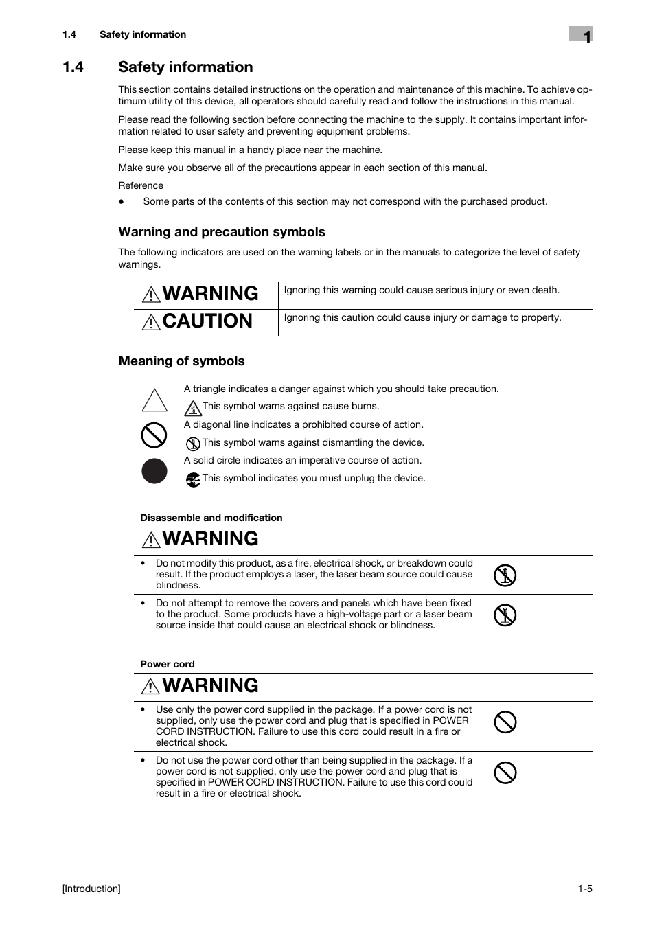 4 safety information, Warning and precaution symbols, Meaning of symbols | Warning, Caution | Konica Minolta bizhub 4050 User Manual | Page 9 / 86