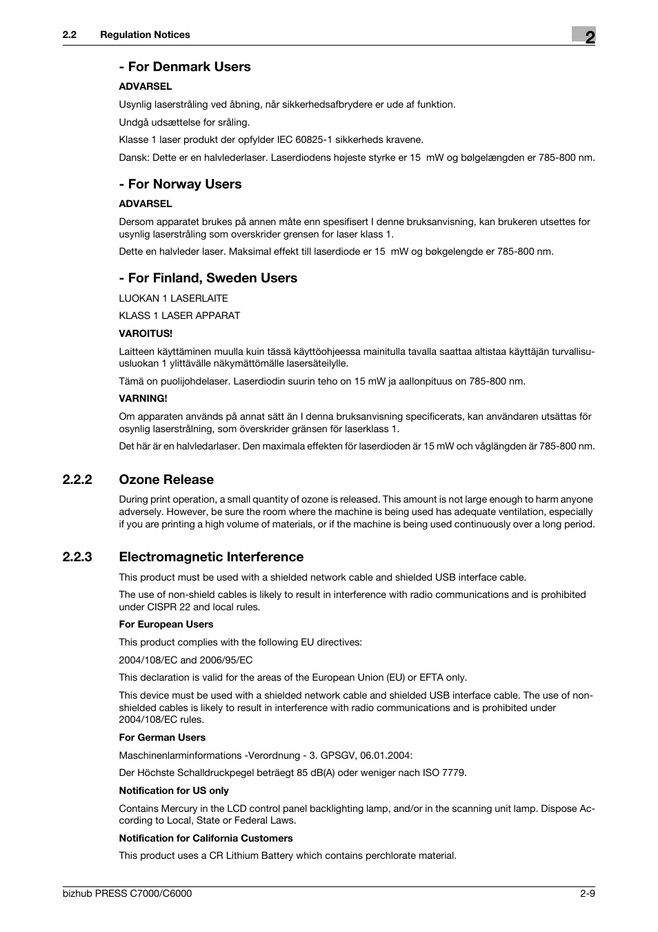 2 ozone release, 3 electromagnetic interference, Ozone release -9 | Electromagnetic interference -9, For denmark users, For norway users, For finland, sweden users | Konica Minolta bizhub PRESS C6000 User Manual | Page 18 / 42
