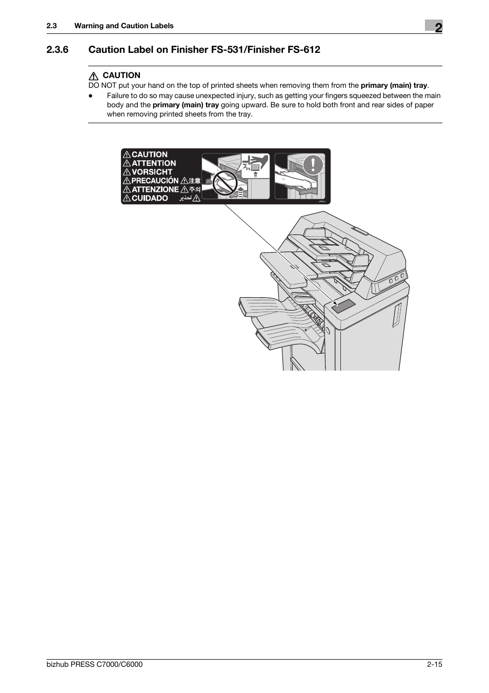 6 caution label on finisher fs-531/finisher fs-612 | Konica Minolta bizhub PRESS C6000 User Manual | Page 24 / 42