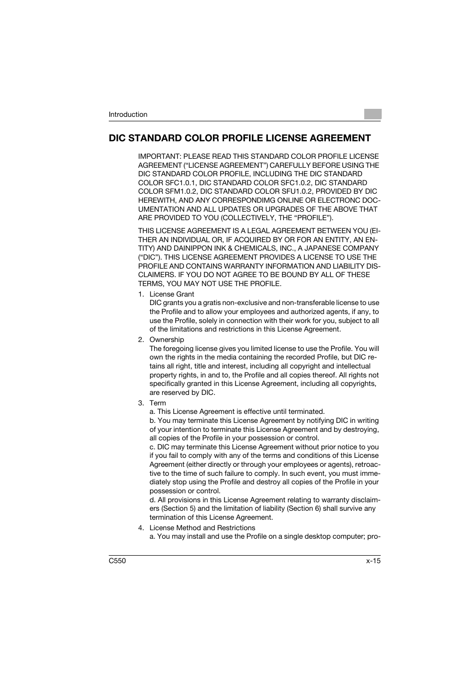 Dic standard color profile license agreement | Konica Minolta bizhub C550 User Manual | Page 16 / 102