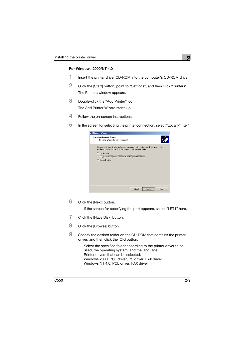 For windows 2000/nt 4.0, For windows 2000/nt 4.0 -9 | Konica Minolta bizhub C550 User Manual | Page 44 / 102