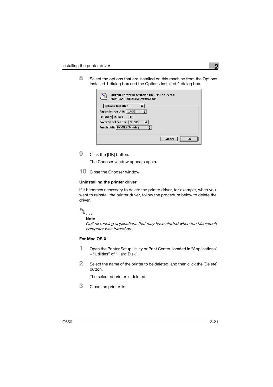 Uninstalling the printer driver, For mac os x | Konica Minolta bizhub C550 User Manual | Page 56 / 102