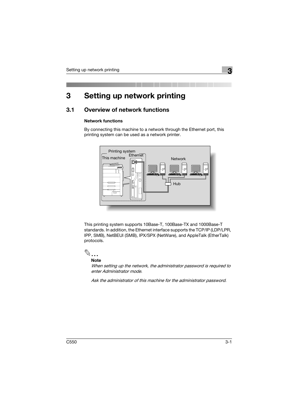 3 setting up network printing, 1 overview of network functions, Network functions | Setting up network printing, Overview of network functions -1, Network functions -1, 3setting up network printing | Konica Minolta bizhub C550 User Manual | Page 58 / 102