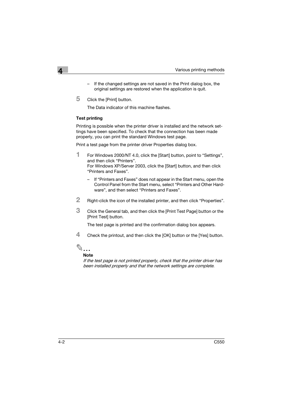 Test printing, Test printing -2 | Konica Minolta bizhub C550 User Manual | Page 63 / 102