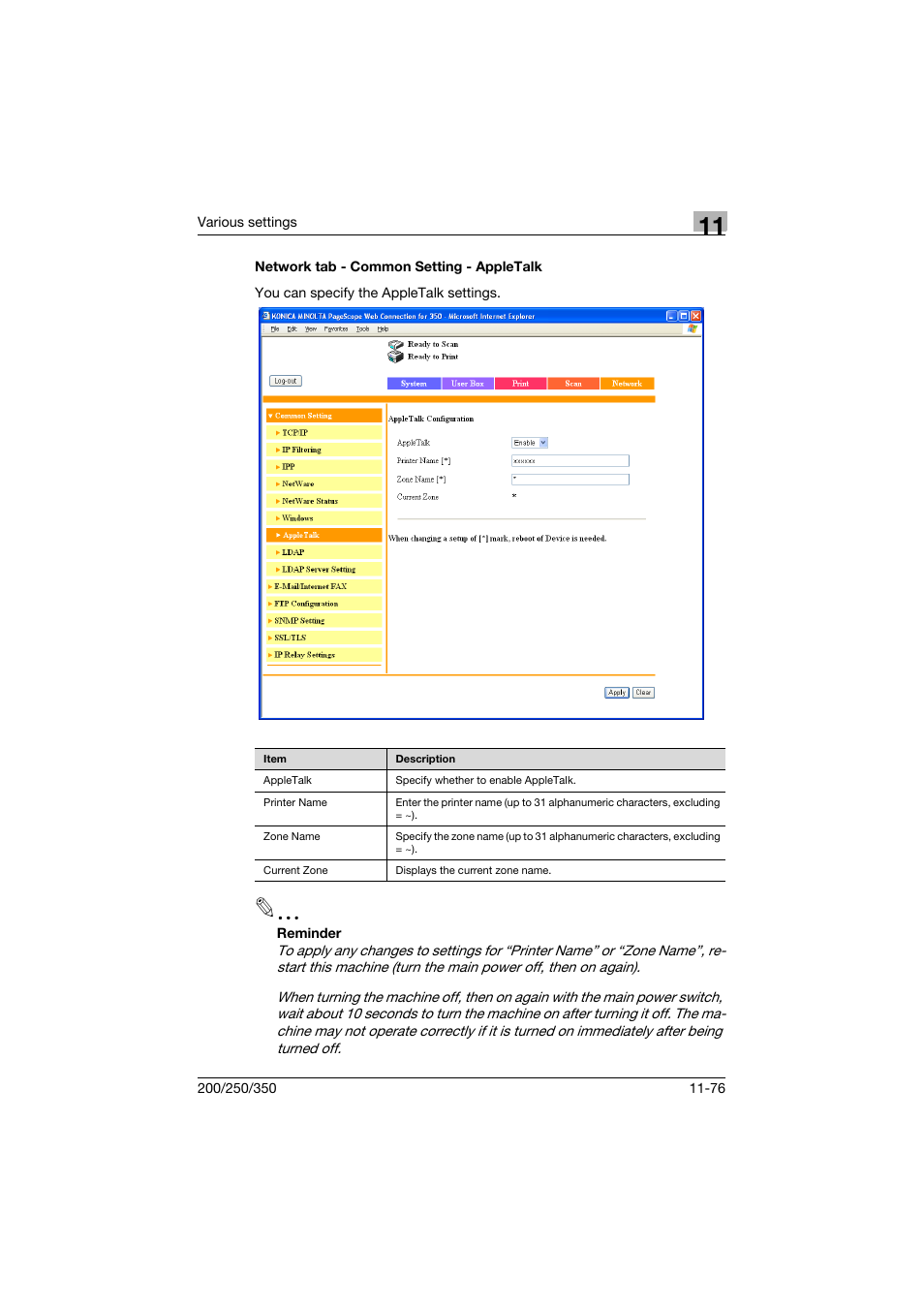 Network tab - common setting - appletalk, Network tab - common setting - appletalk -76 | Konica Minolta bizhub 200 User Manual | Page 343 / 382