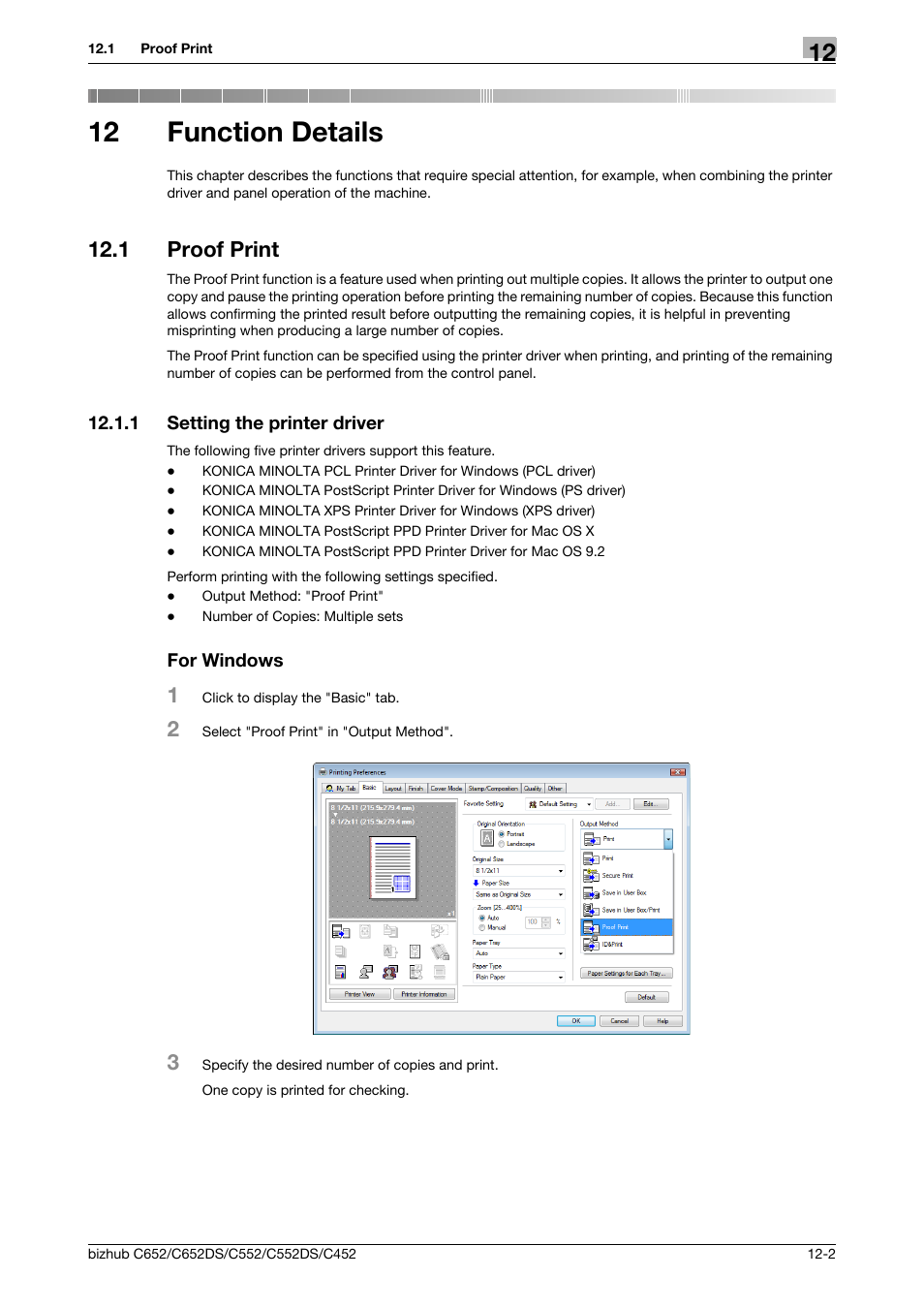 12 function details, 1 proof print, 1 setting the printer driver | For windows, Function details, Proof print -2, Setting the printer driver -2 for windows -2 | Konica Minolta BIZHUB C652DS User Manual | Page 151 / 312