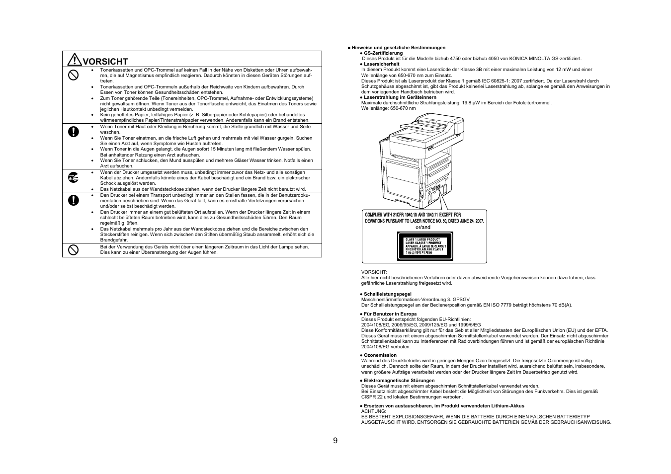 Vorsicht | Konica Minolta bizhub 4050 User Manual | Page 10 / 67