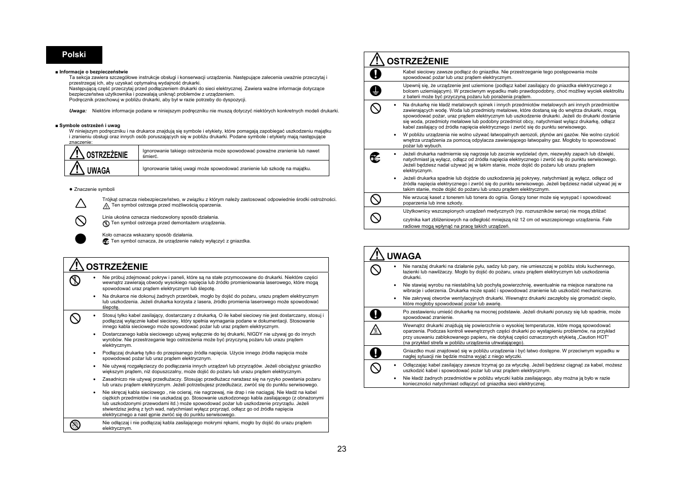 Ostrzeżenie, Uwaga, 23 polski | Konica Minolta bizhub 4050 User Manual | Page 24 / 67