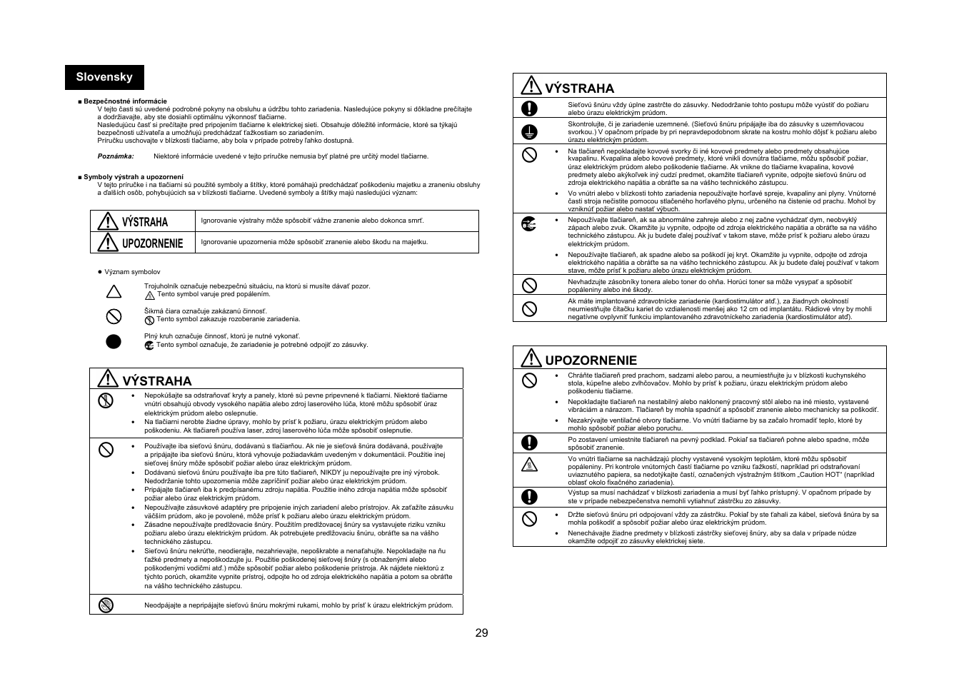 Výstraha, Upozornenie, 29 slovensky | Konica Minolta bizhub 4050 User Manual | Page 30 / 67