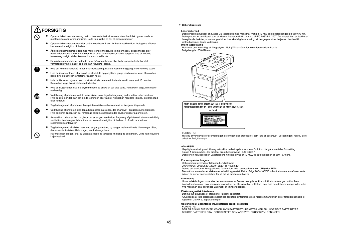 Forsigtig | Konica Minolta bizhub 4050 User Manual | Page 46 / 67
