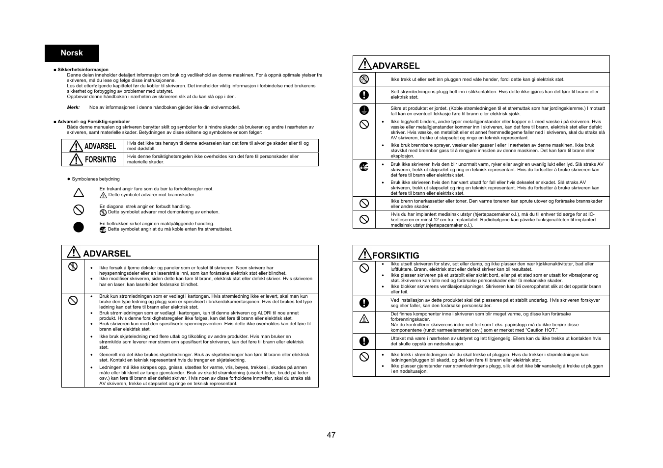 Advarsel, Forsiktig, 47 norsk | Konica Minolta bizhub 4050 User Manual | Page 48 / 67