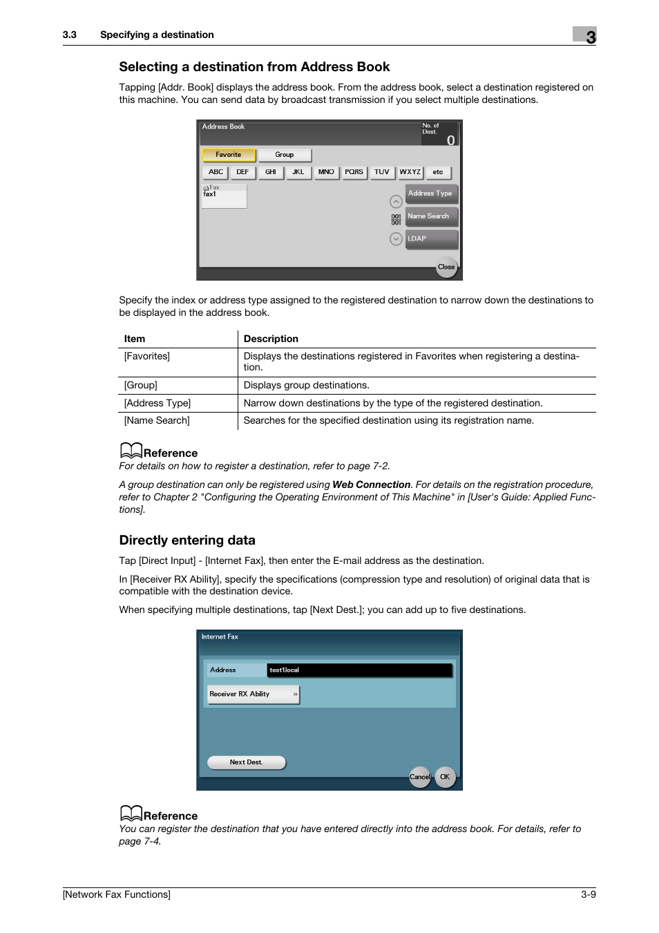 Selecting a destination from address book, Directly entering data | Konica Minolta bizhub 4050 User Manual | Page 18 / 42