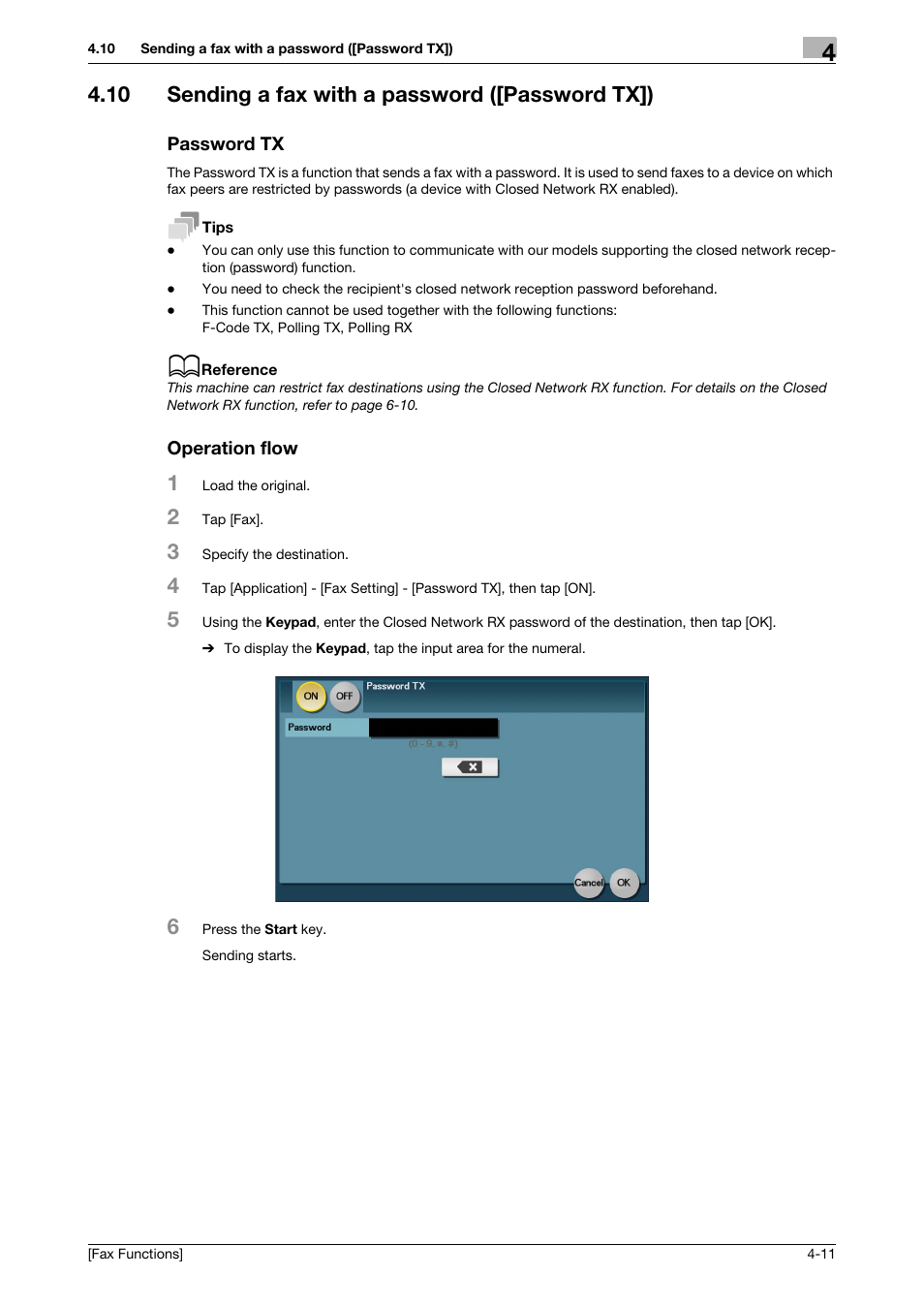 10 sending a fax with a password ([password tx]), Password tx, Operation flow | Konica Minolta bizhub 4750 User Manual | Page 36 / 69