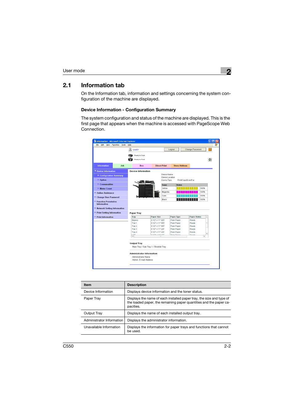 1 information tab, Device information - configuration summary, Information tab -2 | Device information - configuration summary -2 | Konica Minolta bizhub C550 User Manual | Page 37 / 243