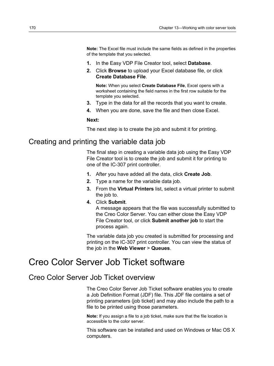 Creating and printing the variable data job, Creo color server job ticket software, Creo color server job ticket overview | Konica Minolta bizhub PRESS C7000 User Manual | Page 180 / 218