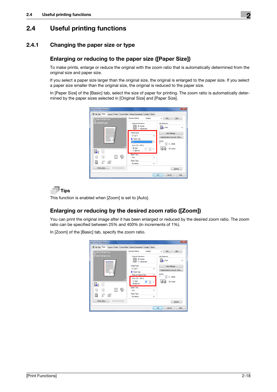 4 useful printing functions, 1 changing the paper size or type, Useful printing functions -18 | Konica Minolta bizhub 4050 User Manual | Page 28 / 115