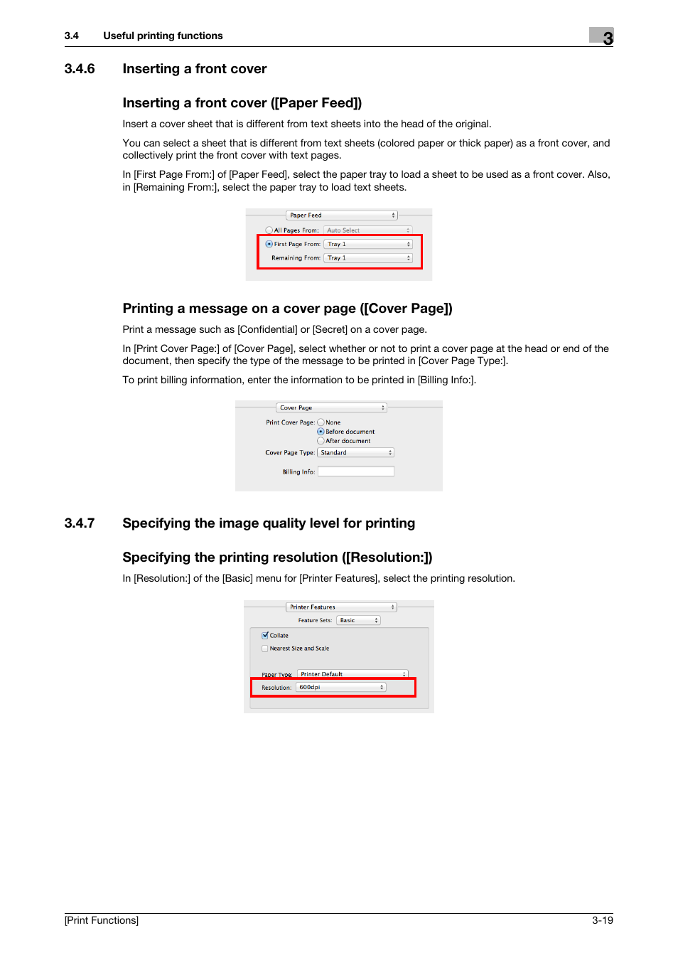 6 inserting a front cover, Inserting a front cover ([paper feed]), 7 specifying the image quality level for printing | Specifying the printing resolution ([resolution:]) | Konica Minolta bizhub 4050 User Manual | Page 91 / 115