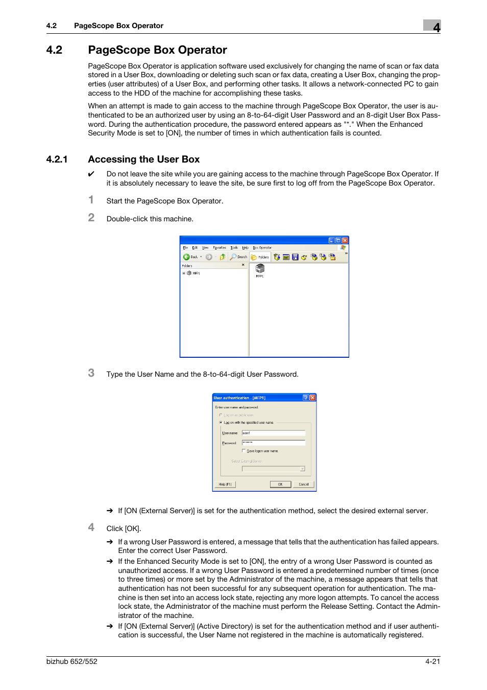 1 accessing the user box, Accessing the user box -21, 2 pagescope box operator | Konica Minolta bizhub Secure User Manual | Page 168 / 185