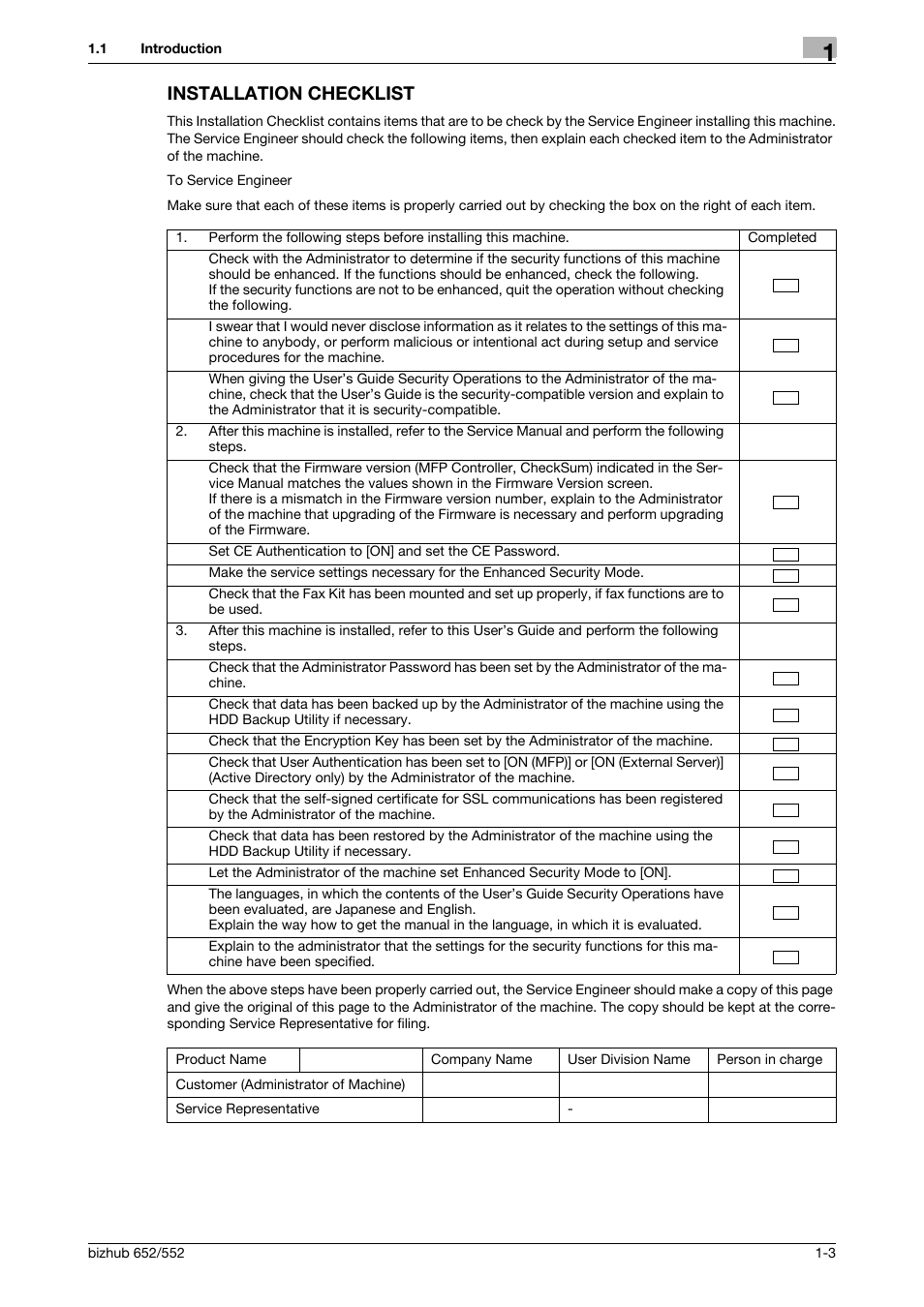 Installation checklist, Installation checklist -3 | Konica Minolta bizhub Secure User Manual | Page 7 / 185
