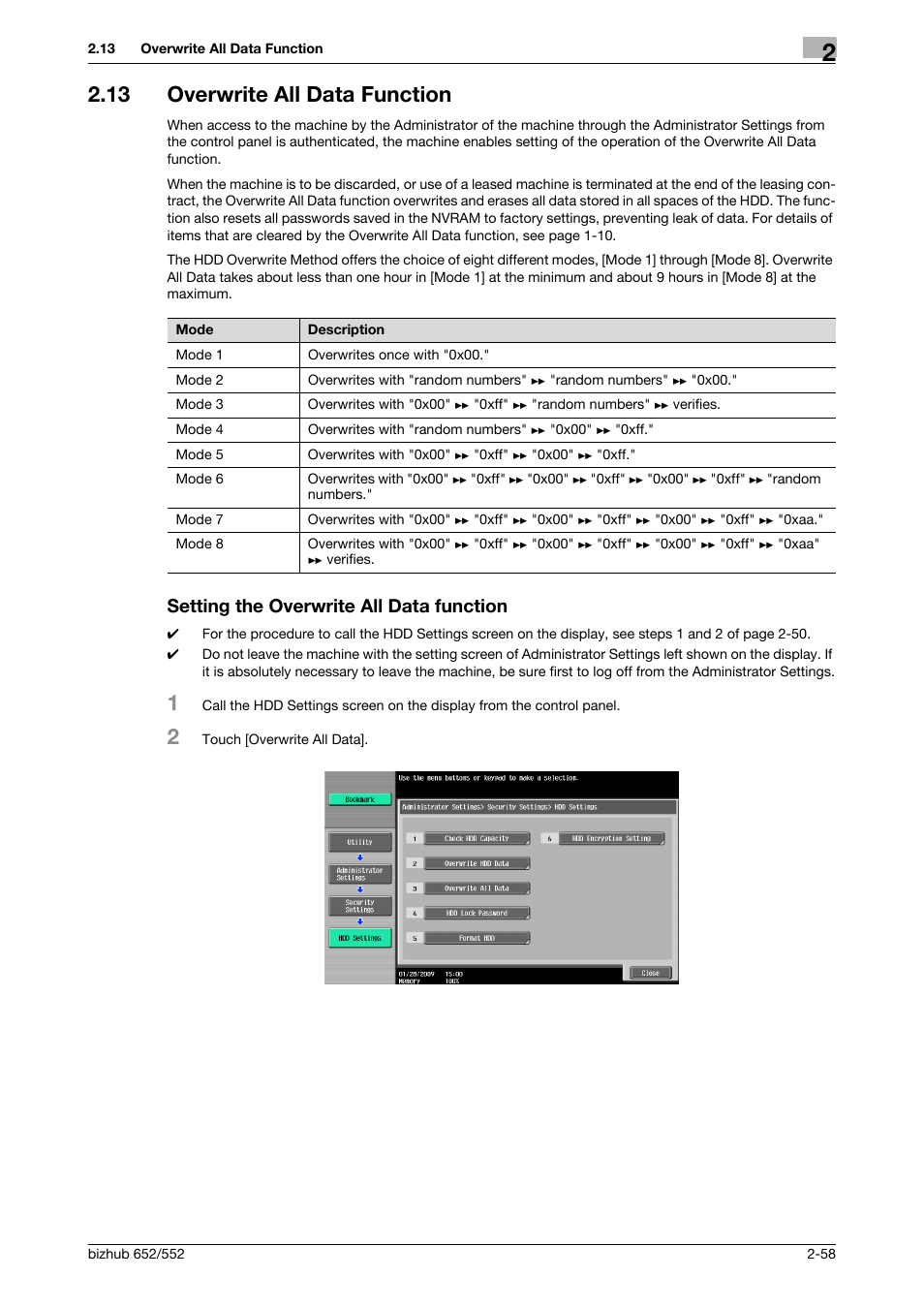 13 overwrite all data function, Setting the overwrite all data function | Konica Minolta bizhub Secure User Manual | Page 73 / 185