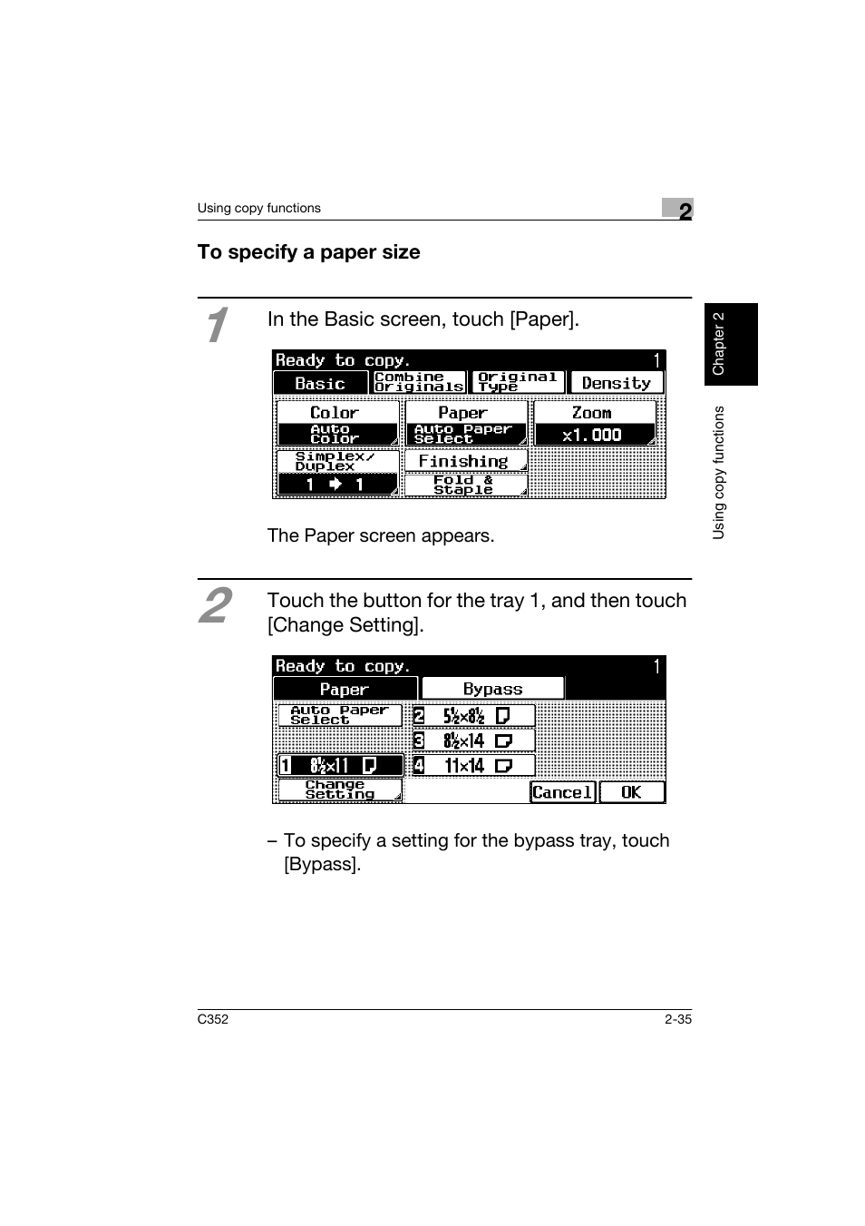 To specify a paper size, To specify a paper size -35 | Konica Minolta bizhub C352 User Manual | Page 72 / 160